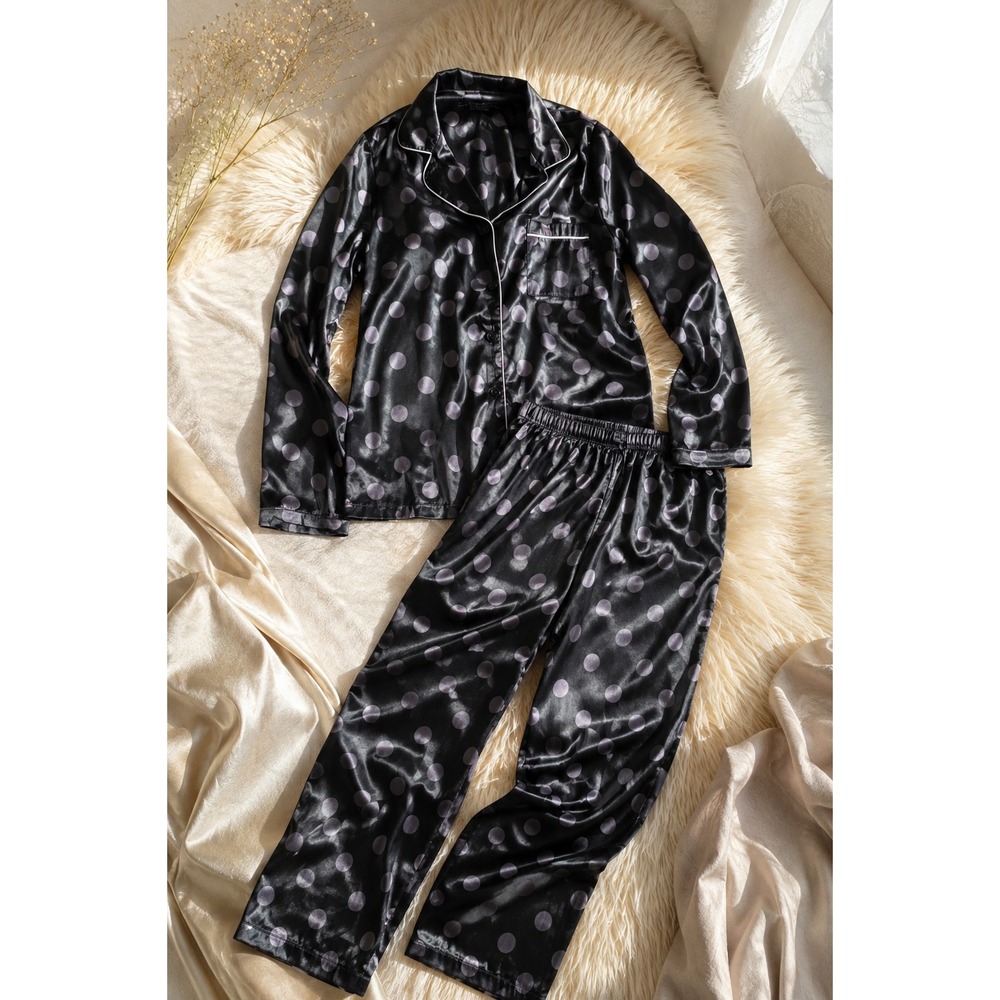 Black Satin Polka Dot Pajama Set Classic Button Front Lounge Sleepwear Size S